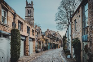 A cobblestone street in an old european town.